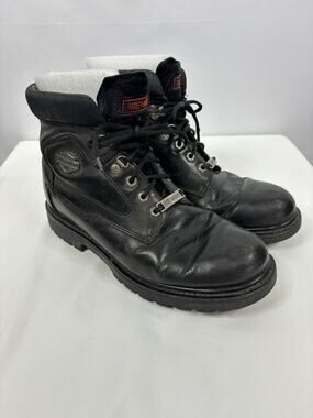 Harley Davidson Lace Up Ankle Boots Black Leather 11.5 Lug Sole Pewter Logo